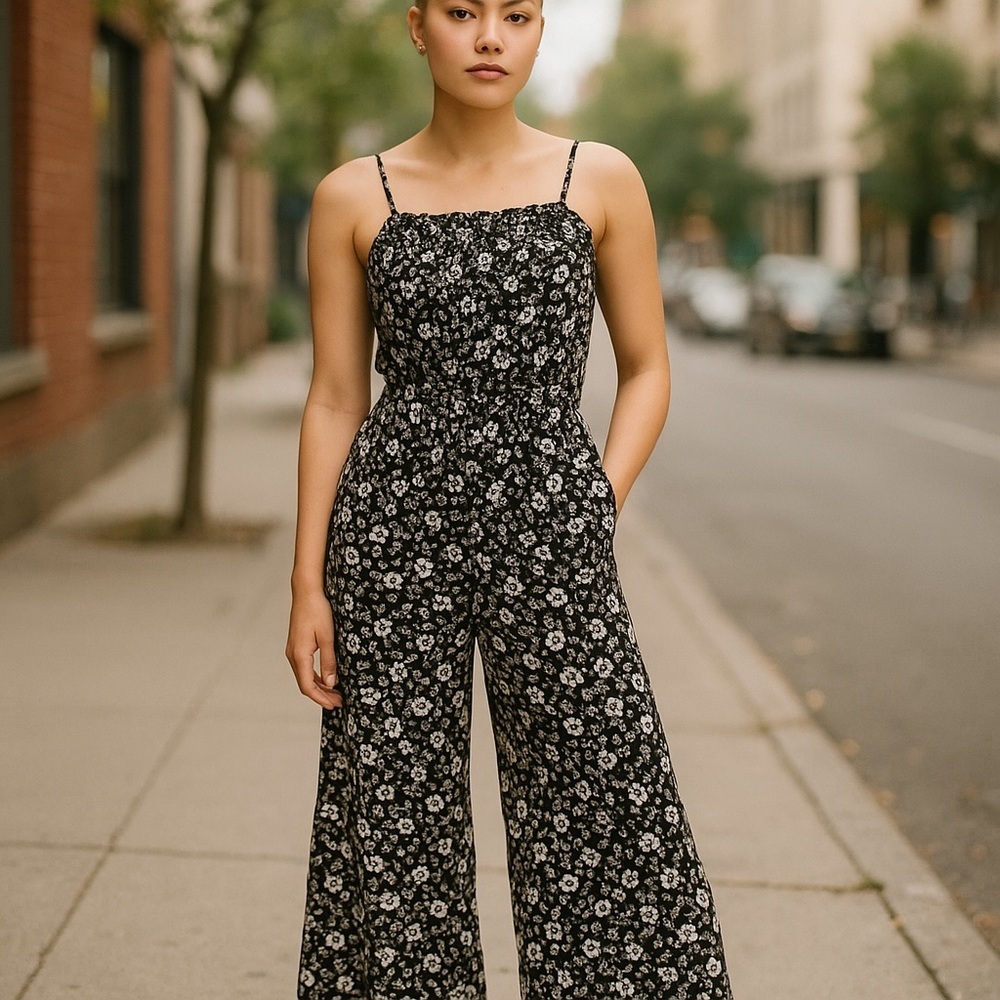 Maurices Black and White Floral Jumpsuit Romper with Wide-Leg Design adjustable